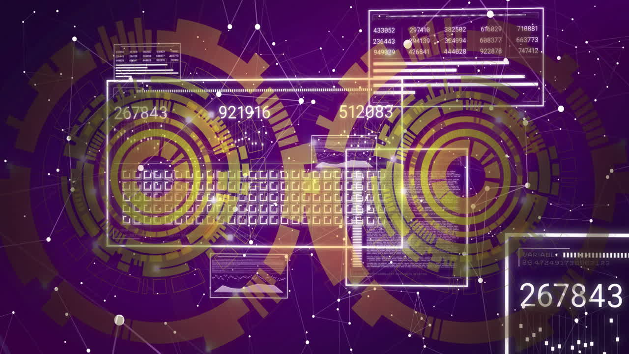 Circular patterns and binary code in digital animation on purple background