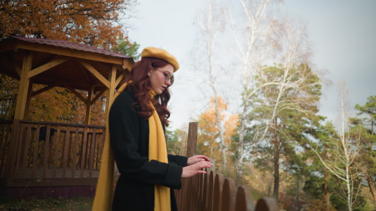 боковой вид леди в желтом берете, идущей к декоративному деревянному забору, отдыхая на руке, глядя на что-то на расстоянии с беседкой, осенними деревьями, сухими листьями и рекой на заднем плане