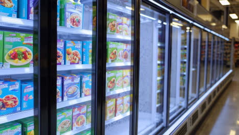 frozen food aisle in a supermarket with stocked freezers