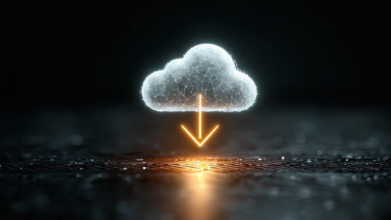 A visually striking representation of cloud technology, featuring a glowing cloud and downward arrow, symbolizing data transmission and digital connectivity in a modern era