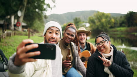 selfie, camping and friends at a forest lake bond