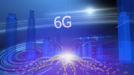 animation of 6g text and glowing light trails with futuristic blue city in background