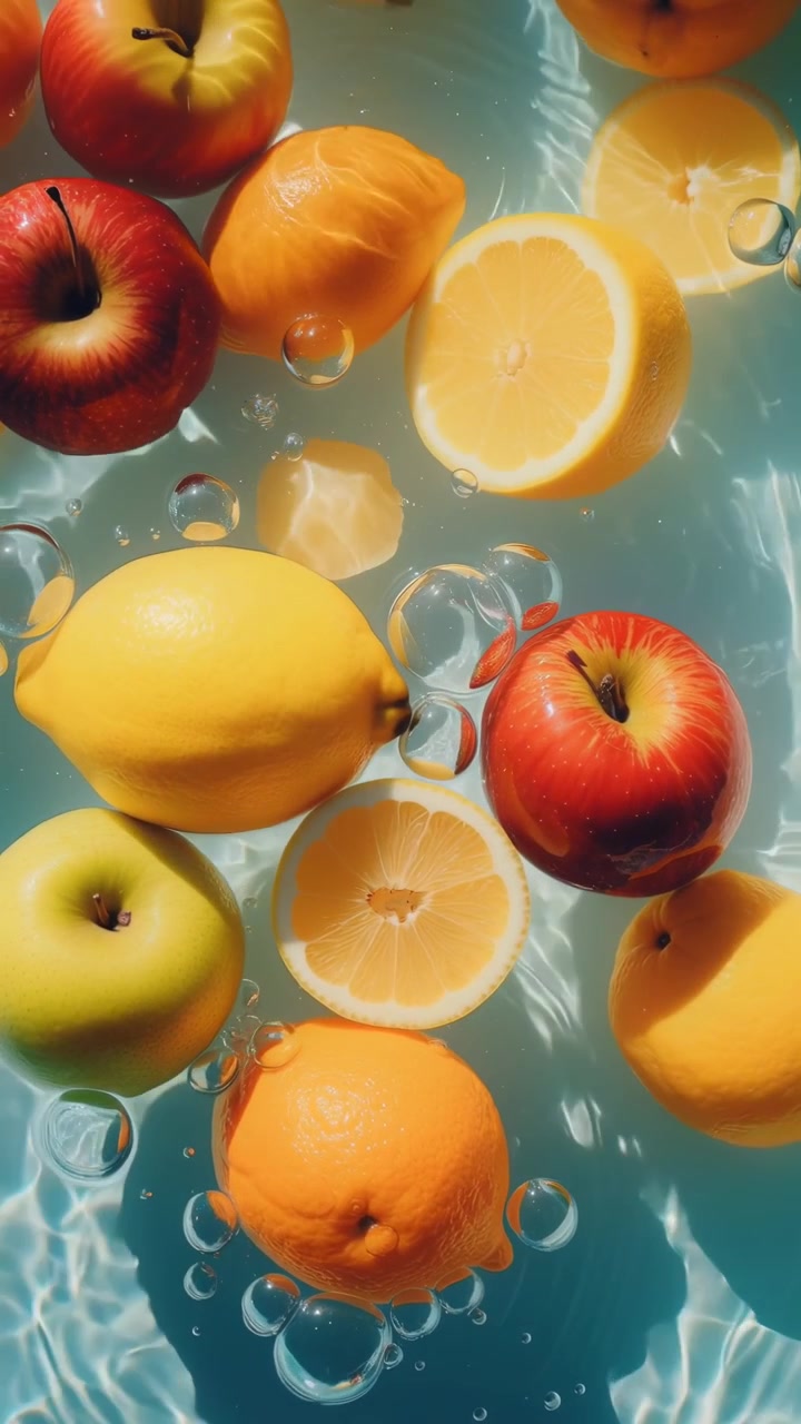 Assorted Fresh Fruits and Slices Floating in Clear Blue Water