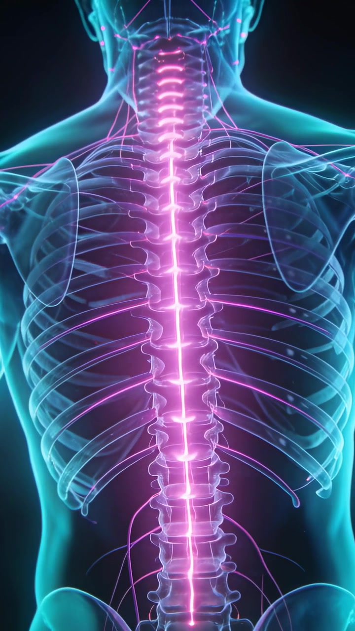 Vertical video: Pink pulse activating torso showing spinal cord signals and nerve roots in CGI lab