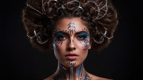 stunning portrait of a female model with elaborate body art and unique hair styling, celebrating creativity and artistic expression in modern fashion photography