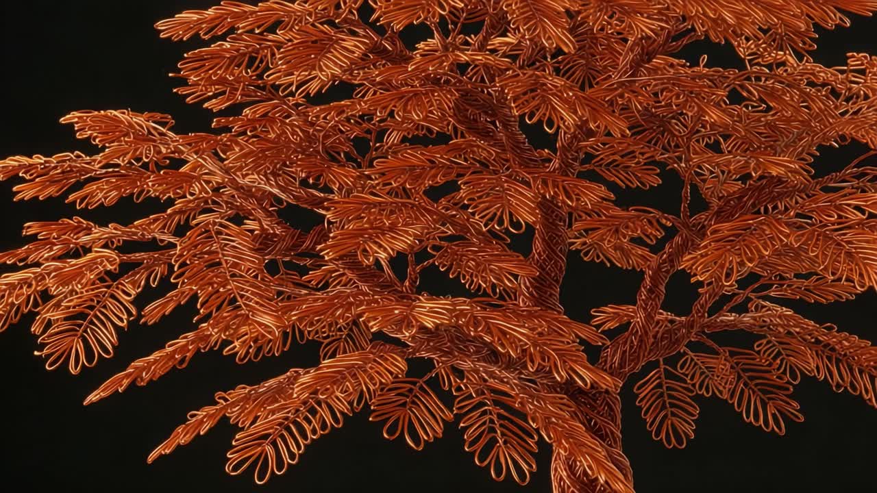 Intricate Wire Artistry Capturing the Elegance of a Copper Tree with Detailed Leaves in a Contrast Against a Dark Background