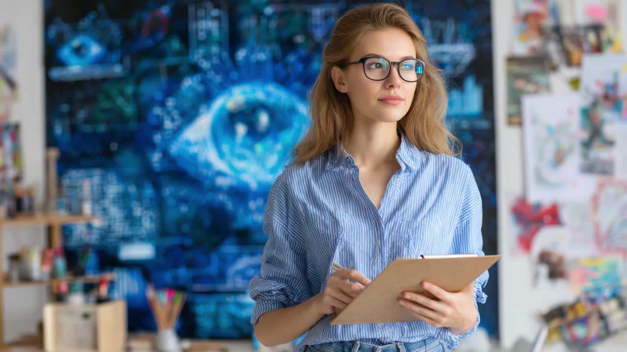 A thoughtful young woman stands poised with a clipboard in hand, immersed in her creative workspace filled with vibrant artwork and an eye-catching mural, contemplating her next artistic endeavor