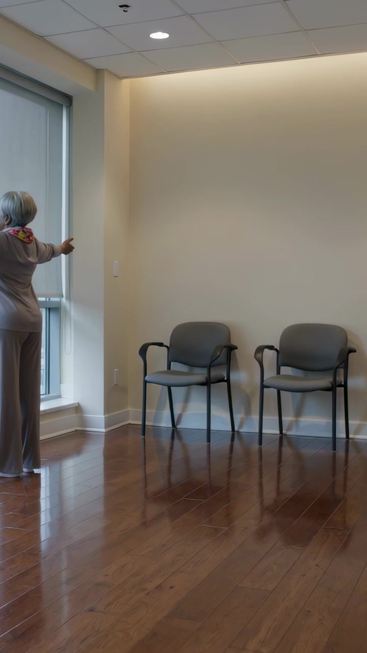 Video verticale: Sole che sfiora una donna anziana in equilibrio in salotto con una sciarpa vistosa e un deambulatore, spazio per il testo.