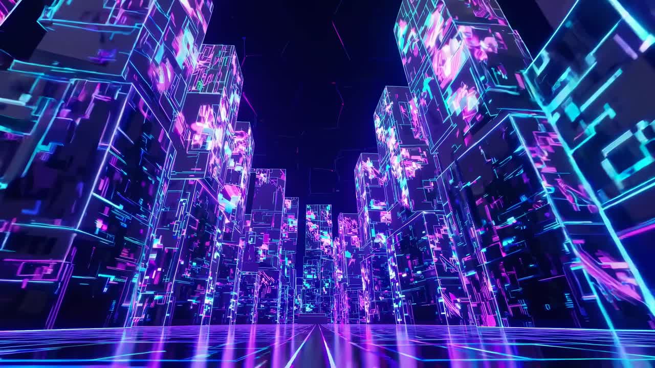 Futuristic cityscape with neon lights and digital grids, captured from a low-angle