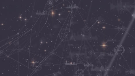 animation of christmas stars moving over network and data processing on night sky