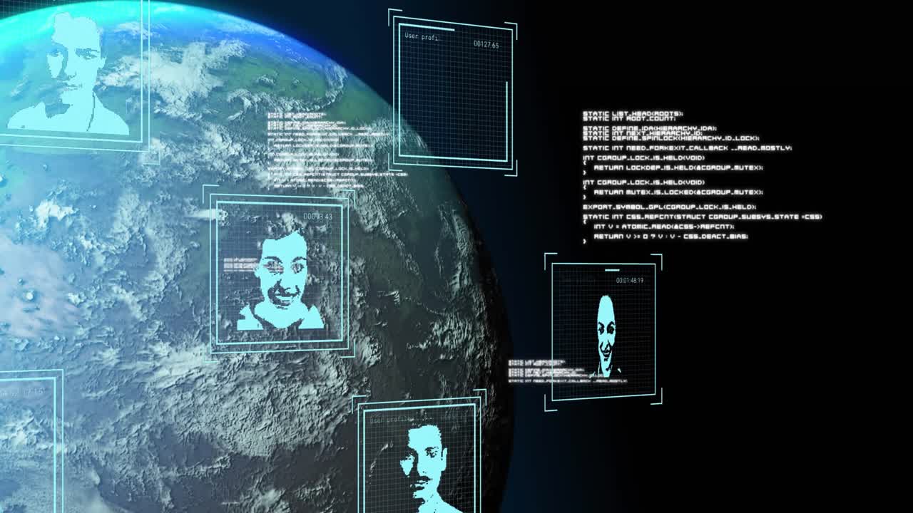 Animation of user photos, data and globe on black background