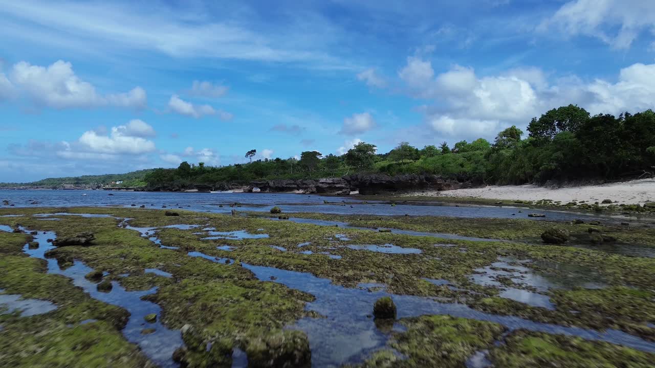 Vista aerea con drone della bassa marea sull'isola di Siquijor nelle Filippine, che rivela la costa esposta con formazioni di rocce e sabbia e acque costiere poco profonde che creano trame naturali uniche e un paesaggio marino suggestivo.