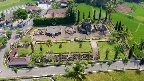 Ancient-Buddhist-Ngawen-temple-compound-on-Java,-Indonesia,-aerial-view