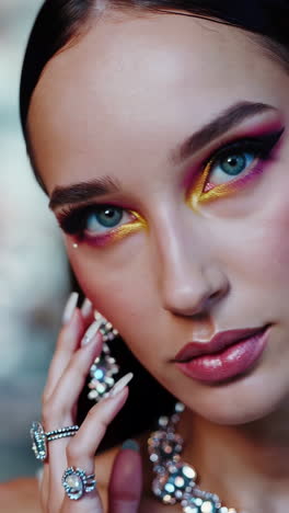 close-up of a woman with vibrant eye makeup and sparkling jewelry