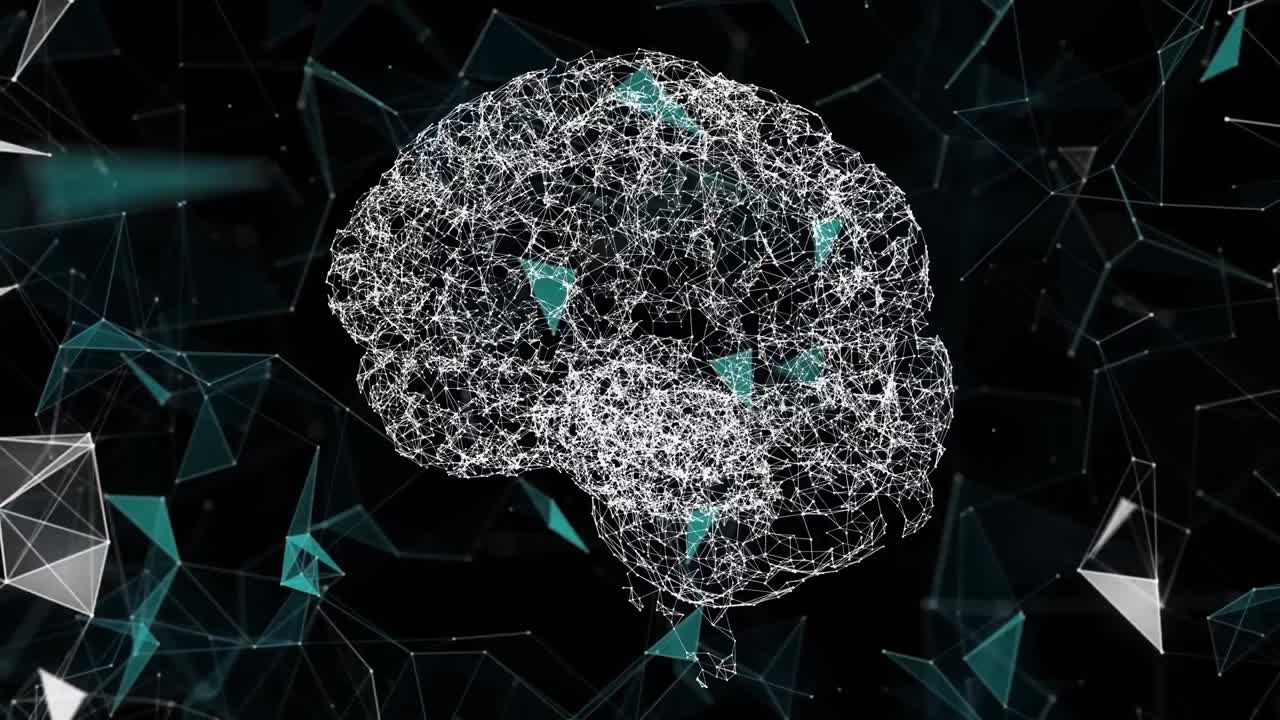 Animation of data processing and brain on black background