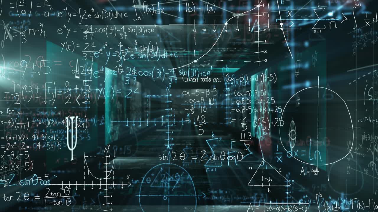 Animation of mathematical equations over black background
