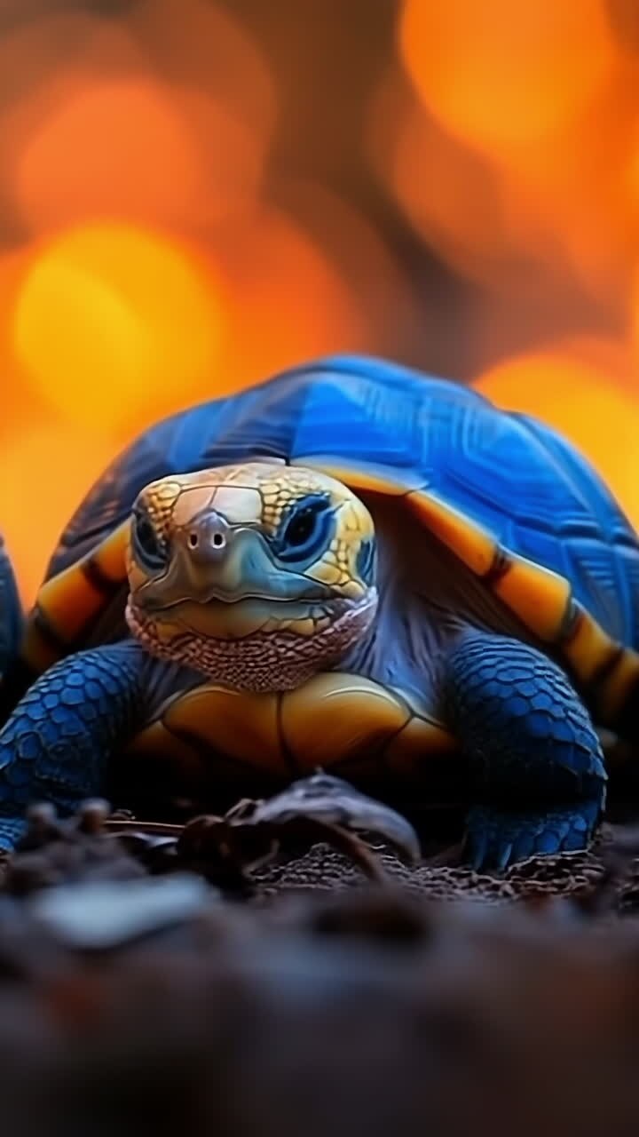 Colorful turtles basking in warm light. Three vibrant turtles rest on the ground, illuminated by a soft glow, creating a serene and lively atmosphere.