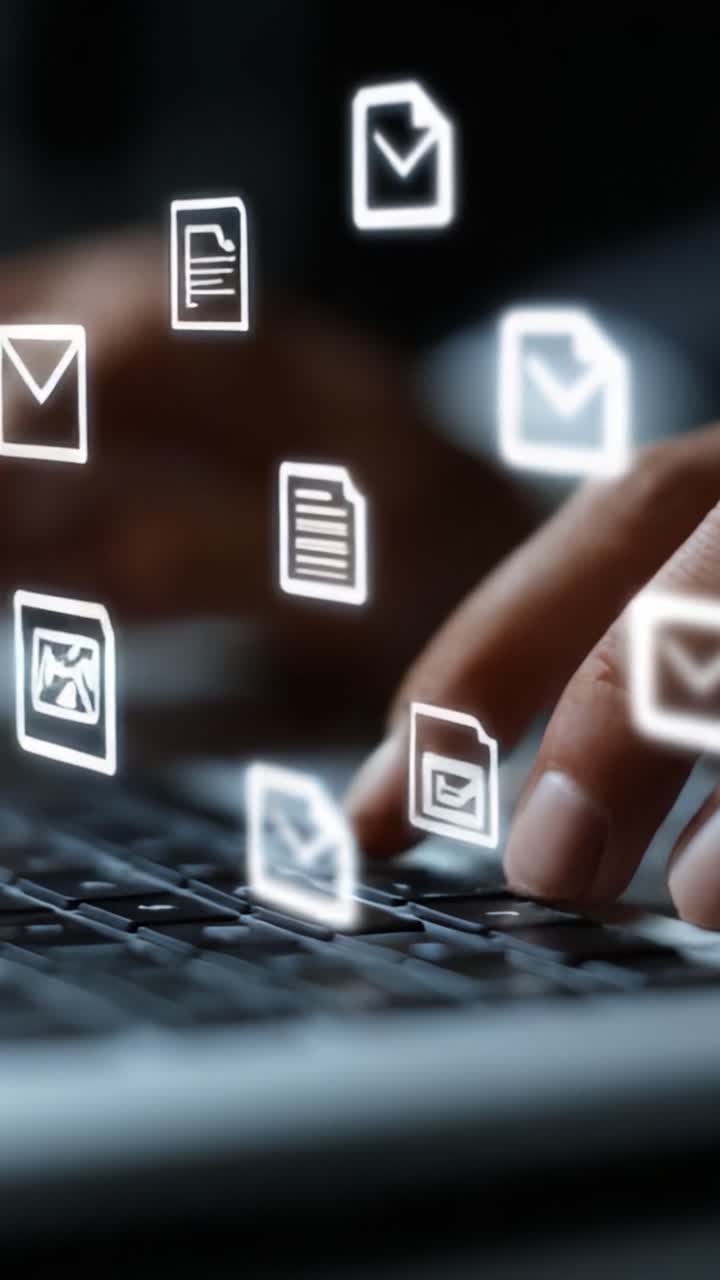 Engaging with Digital Documents: An Individual's Interaction with a Laptop Keyboard as Icons Representing Files and Messages Hover Above the Screen