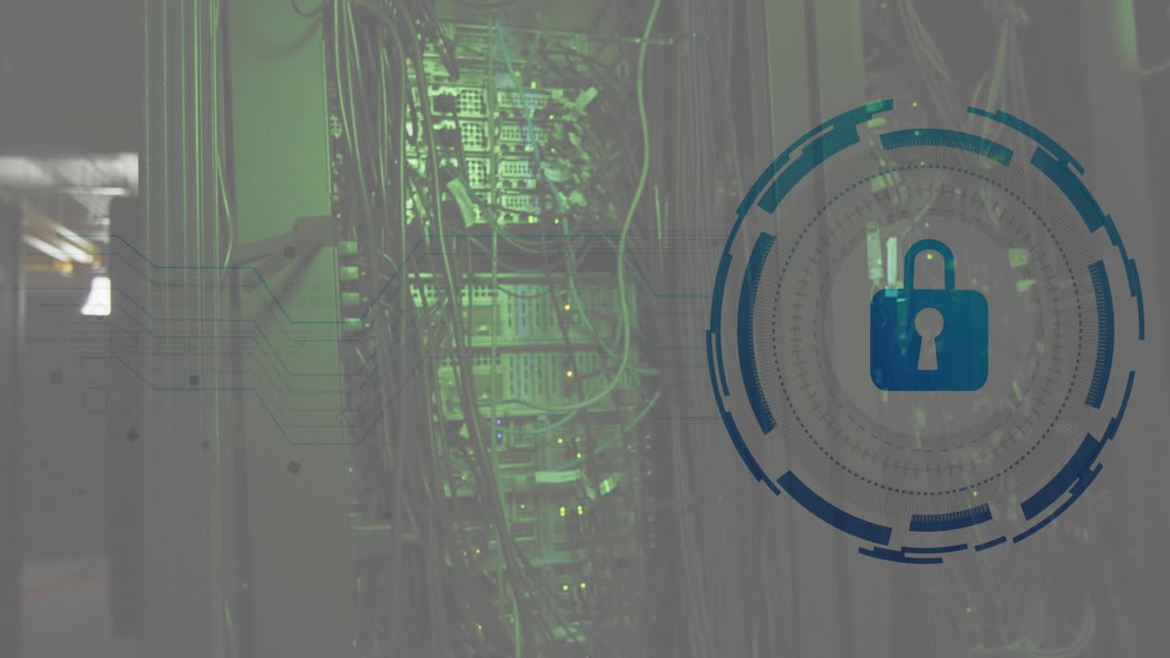 Animation of padlock icon in circle over cables of data server systems