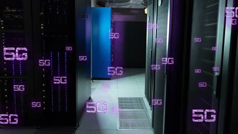 animación de banners de texto 5g flotando contra la sala del servidor de la computadora