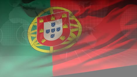 Animation-of-moving-flag-of-portugal-over-globe-and-statistics