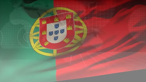 animation of moving flag of portugal over globe and statistics