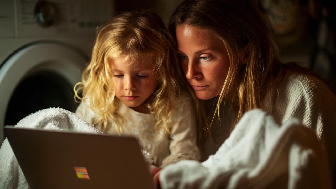 A Heartwarming Moment Between a Mother and Her Daughter as They Share an Engaging Experience Together While Watching a Screen Wrapped Comfortably in Soft Blankets