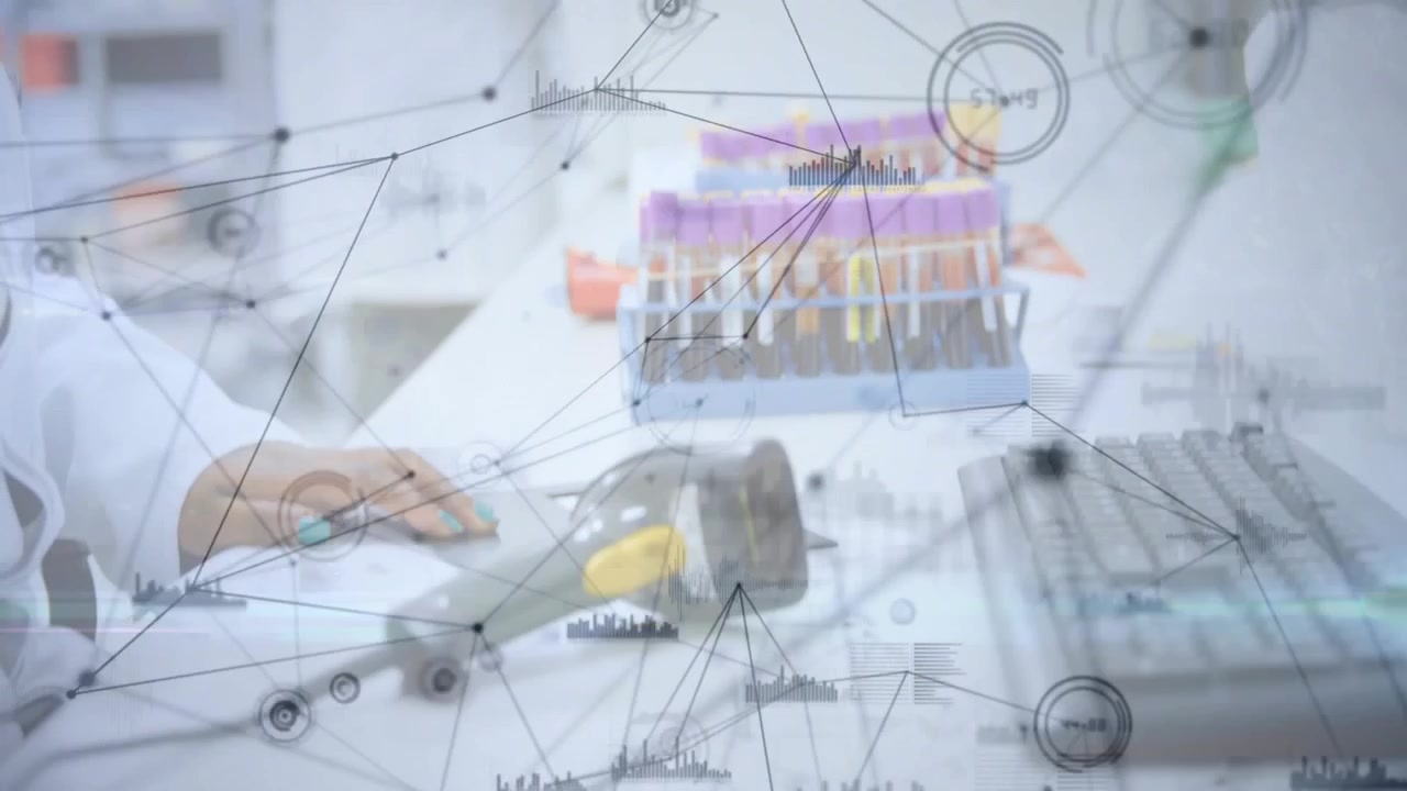 Lab tech woman reaching scanner, activating overlay marking purple tubes while processing samples