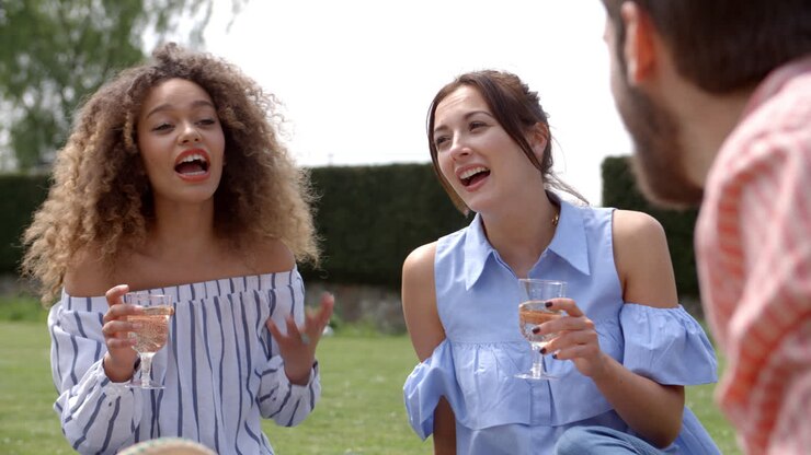 Amici adulti che parlano a un picnic in una giornata ventosa, primo piano