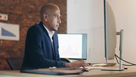 thinking, business man and typing on computer