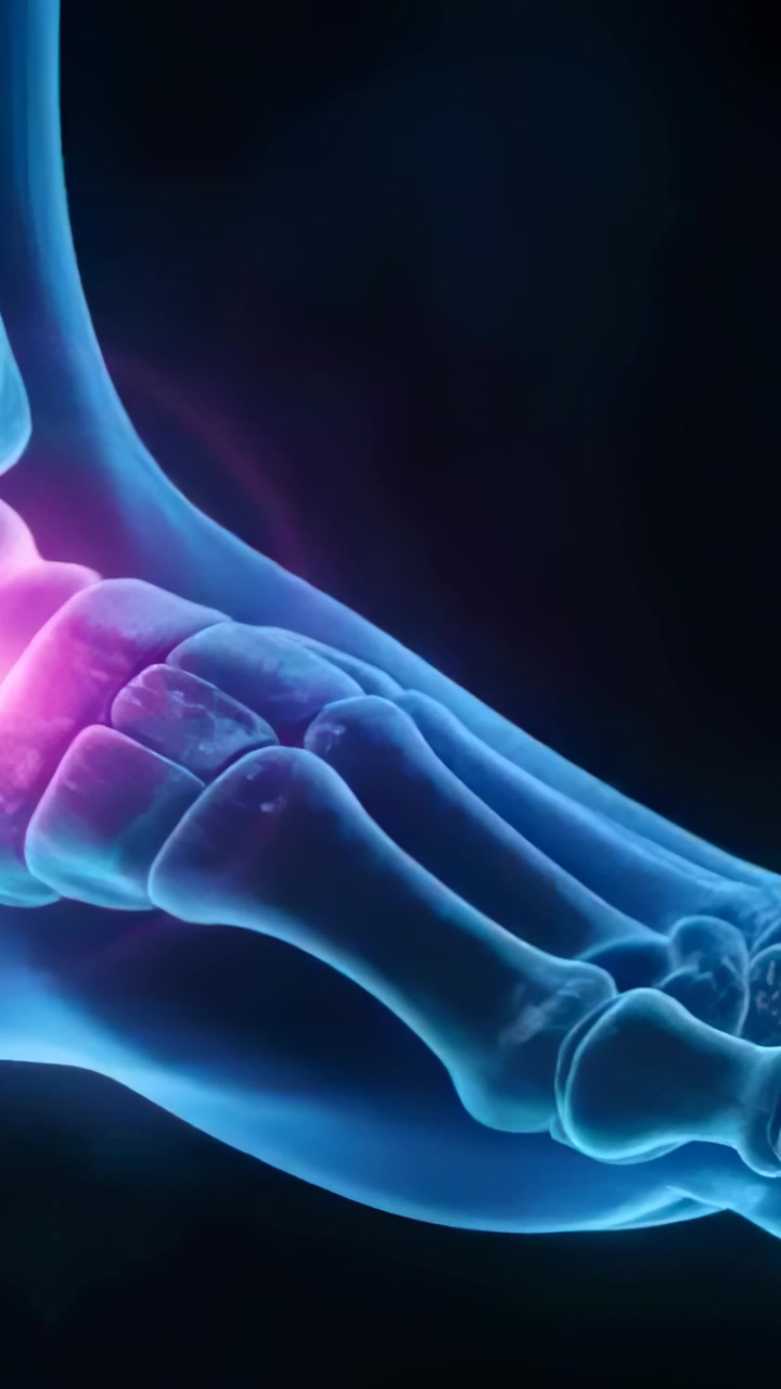 Vertical video: Animating 3D foot skeleton moving as pink glow pulsing at ankle showing joint, lab