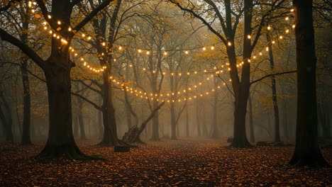 enchanting autumn night in a forest: twinkling lights illuminate a serene woodland surrounded by golden leaves and soft mist, creating a magical atmosphere