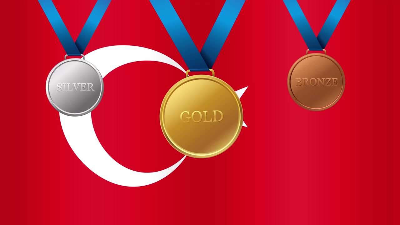 Animated Turkish flag background with gold, silver, and bronze sports medals hanging on blue ribbons.
