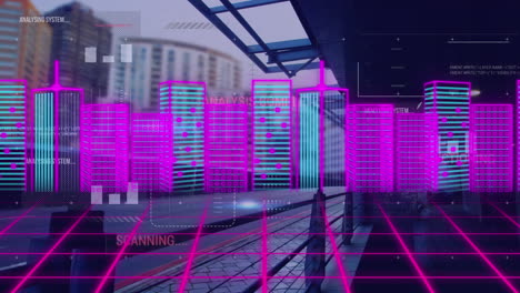 animation of metaverse city over cityscape and road traffic