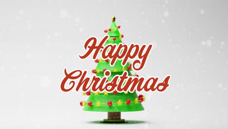 Animation-of-snow-falling-over-happy-christmas-text-and-christmas-tree-on-white-background