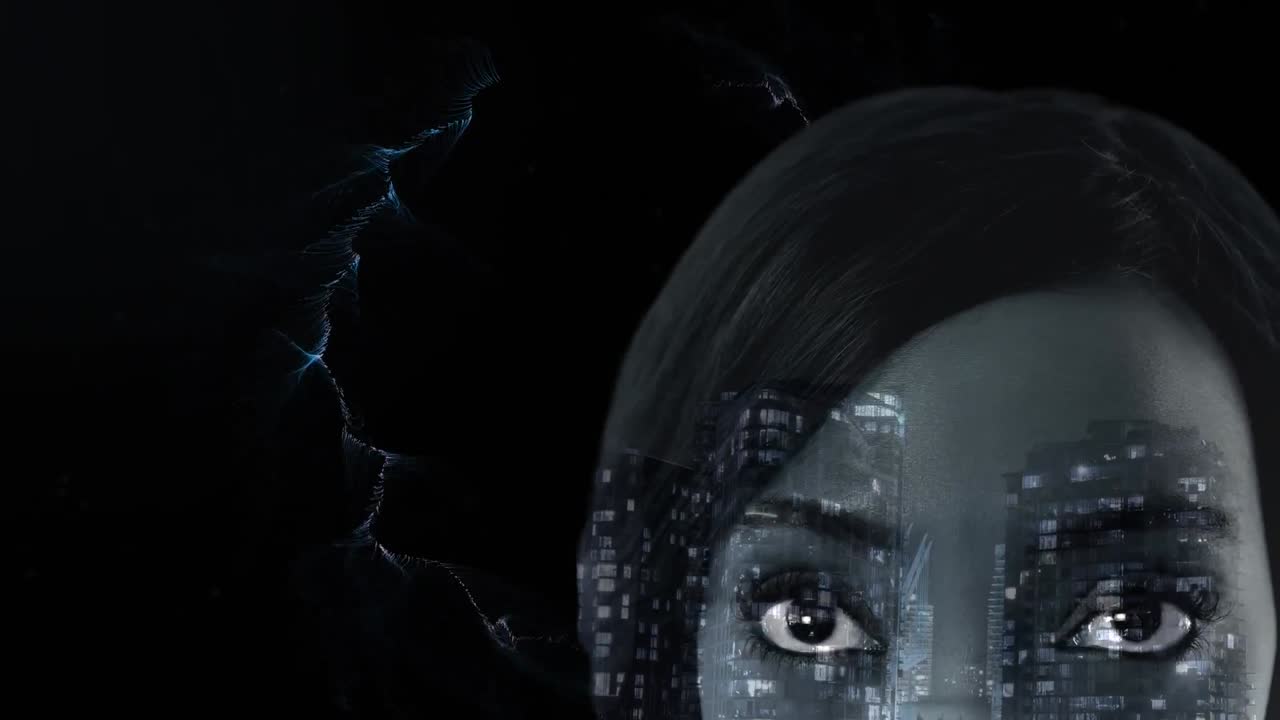 animación de formas y paisajes urbanos sobre una mujer afroamericana