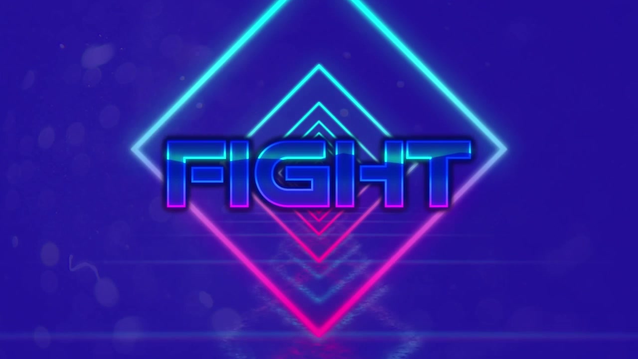 Animation of start text over neon shapes on blue background
