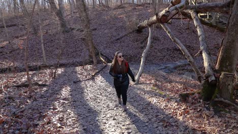 a girl photographer is exploring a forest trail