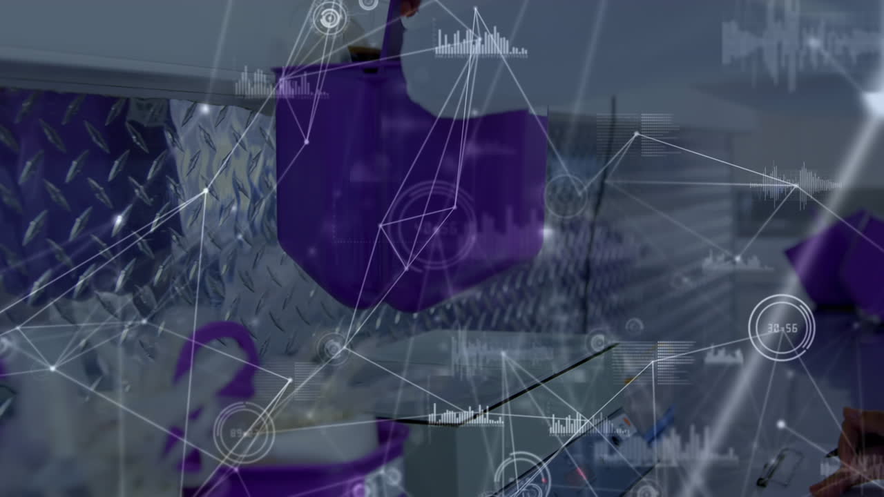 animación de la red de conexiones sobre las manos de un trabajador de laboratorio biracial con muestras