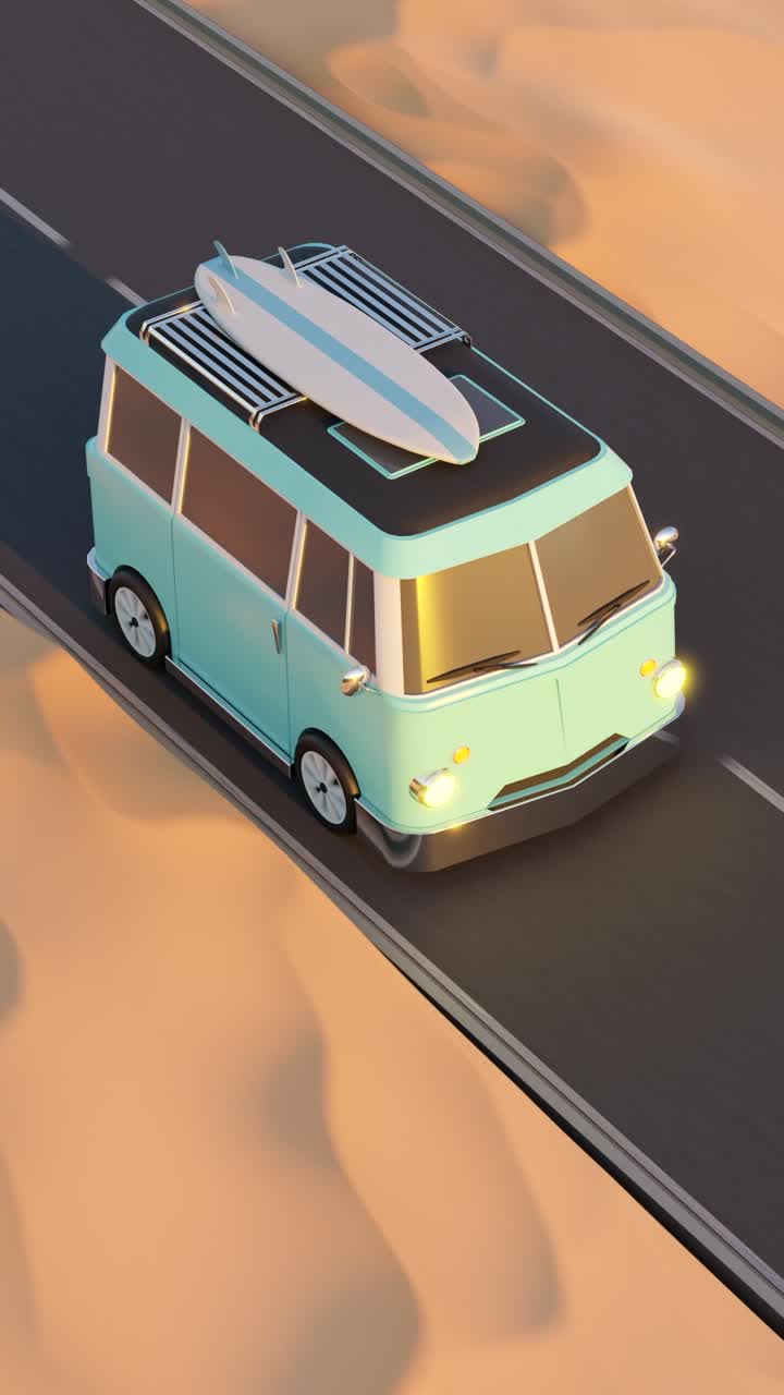 3D animation loop retro camper driving on road in desert or beach