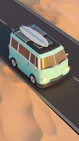 3d animation loop retro camper driving on road in desert or beach