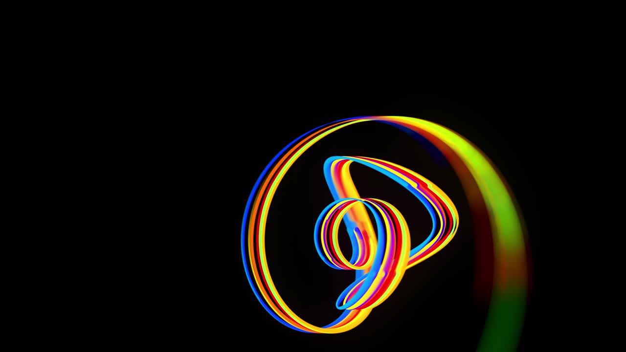 헬릭스 구조로 휘어지는 다채로운 선을 가진 추상적인 루프 된 배경. 색의 줄무가 날아와 곱슬을 형성합니다.