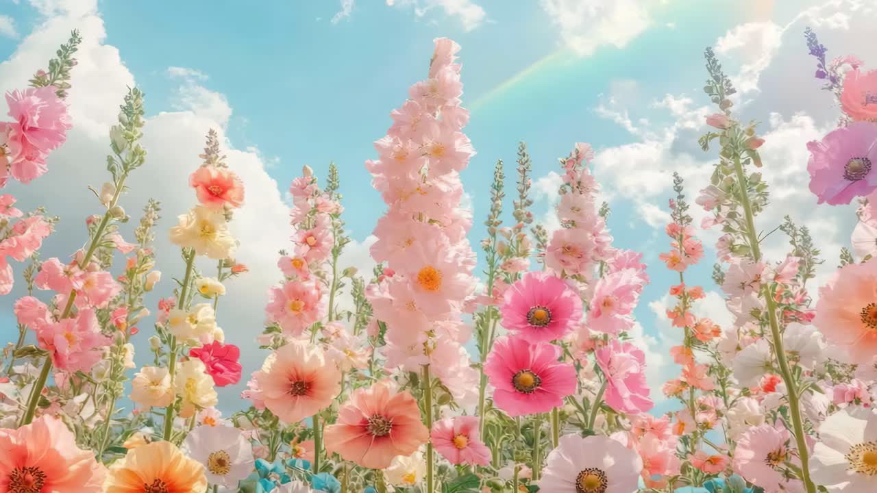 Low-angle video of vibrant, tall flowers against a bright blue sky with fluffy clouds and a rainbow
