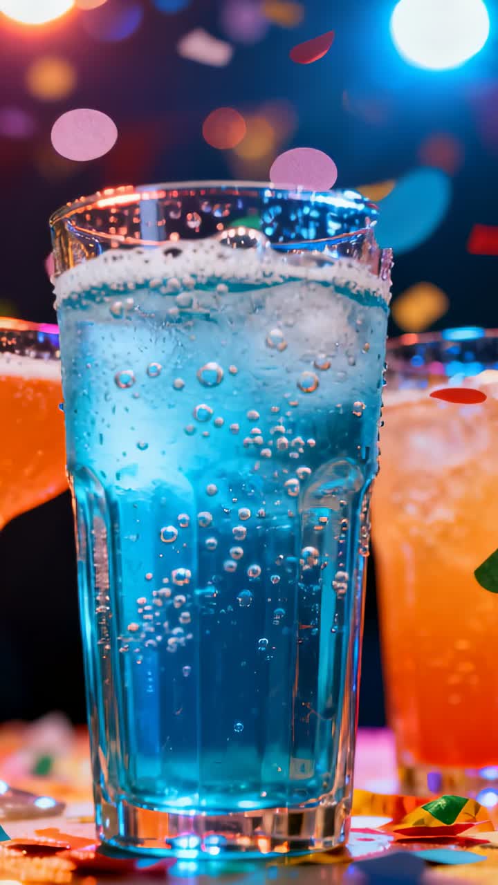 Video vertical: Vaso burbujeante con burbujas de refresco azul sobre una mesa para fiesta, confeti cayendo.