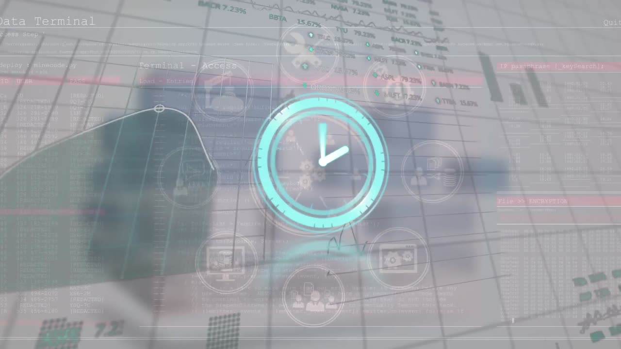 Animation of clock ticking over data processing | Premium Stock Video ...