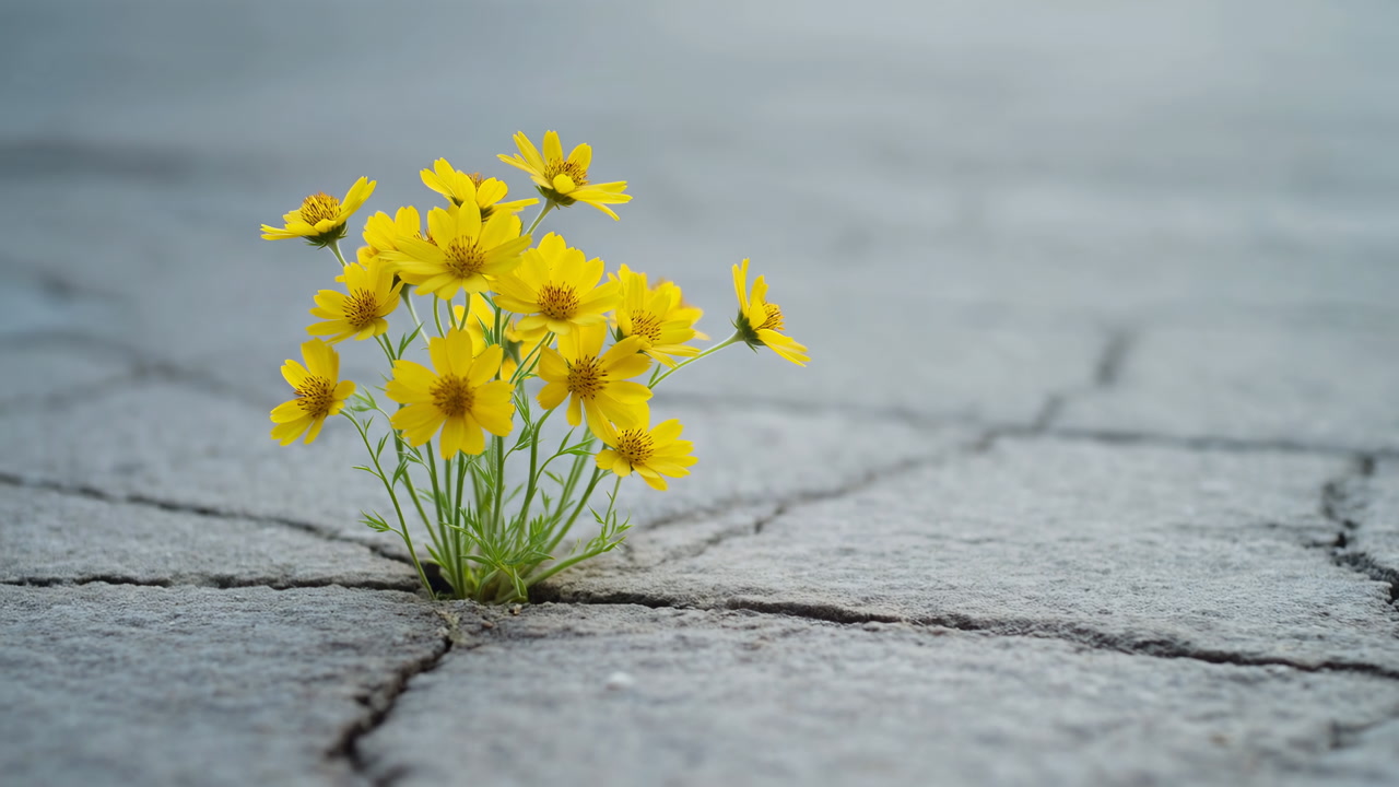 Yellow Flowers Growing Through Cracked Earth, Single Cluster Of Bright Yellow Blooms Pushing From Parched Clay