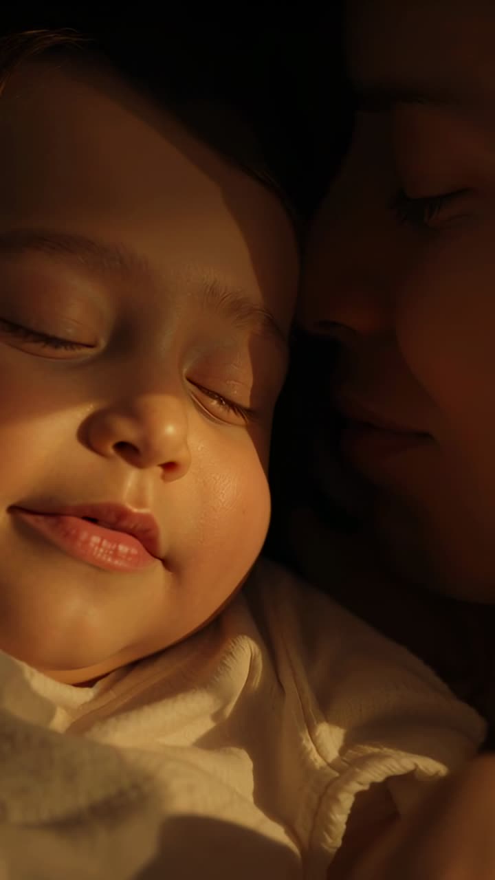 Vertical video: Parent leaning close as lamp casting light on infant revealing breathing for health