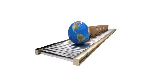 animation of globe and cardboard boxes moving on conveyor belt on white background