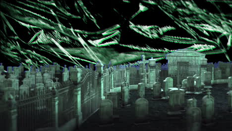 animation of graveyard over flickering distressed background