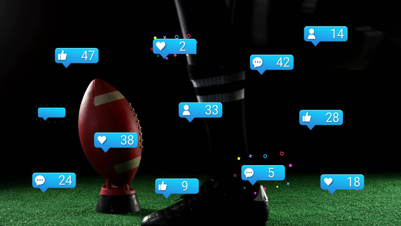 In animation, American football player with ball receiving social media notifications